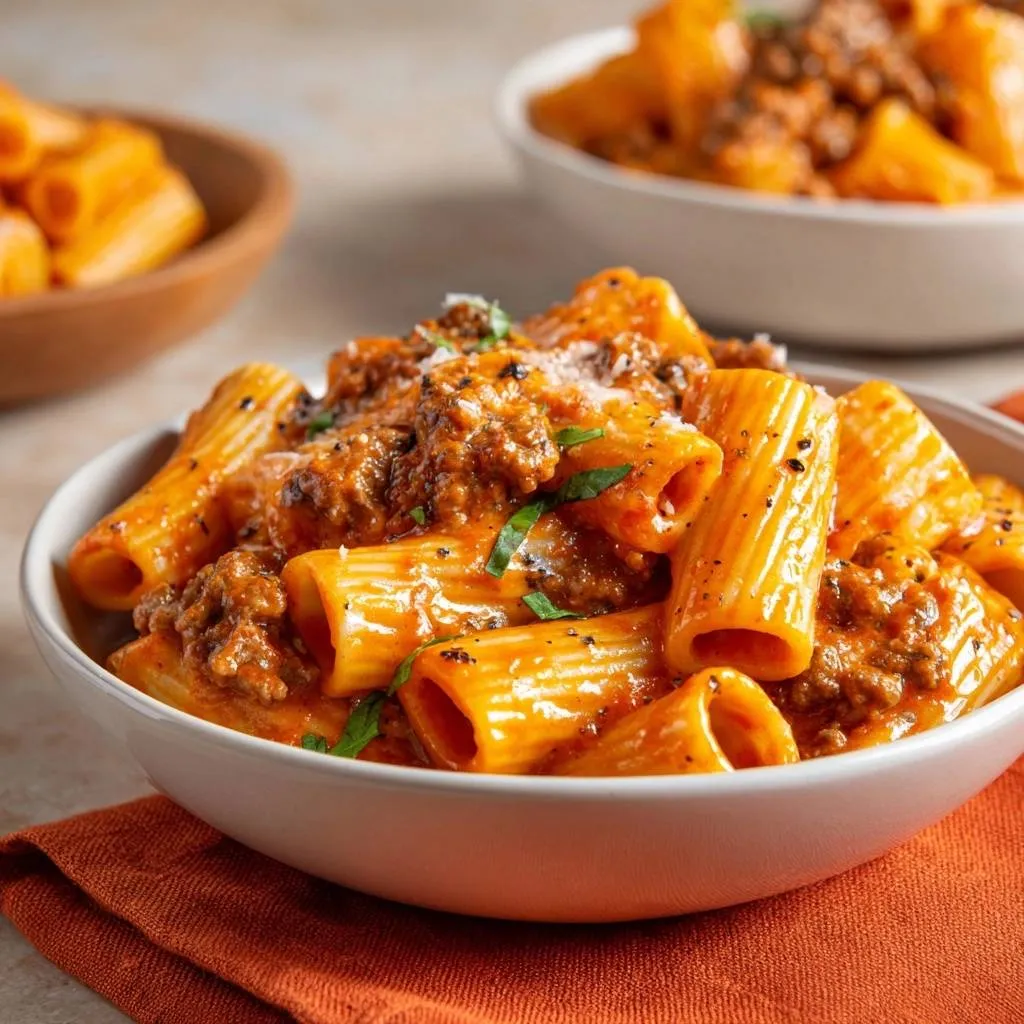 Rigatoni with beef ragu featuring a thick, glossy sauce served in a white bowl, garnished with fresh herbs.