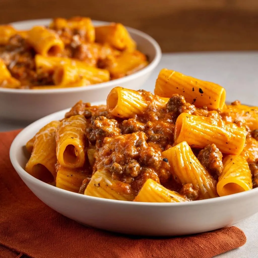 Rigatoni with beef ragu in two white bowls, with a close-up focus on the front serving of thick, glossy sauce and pasta.