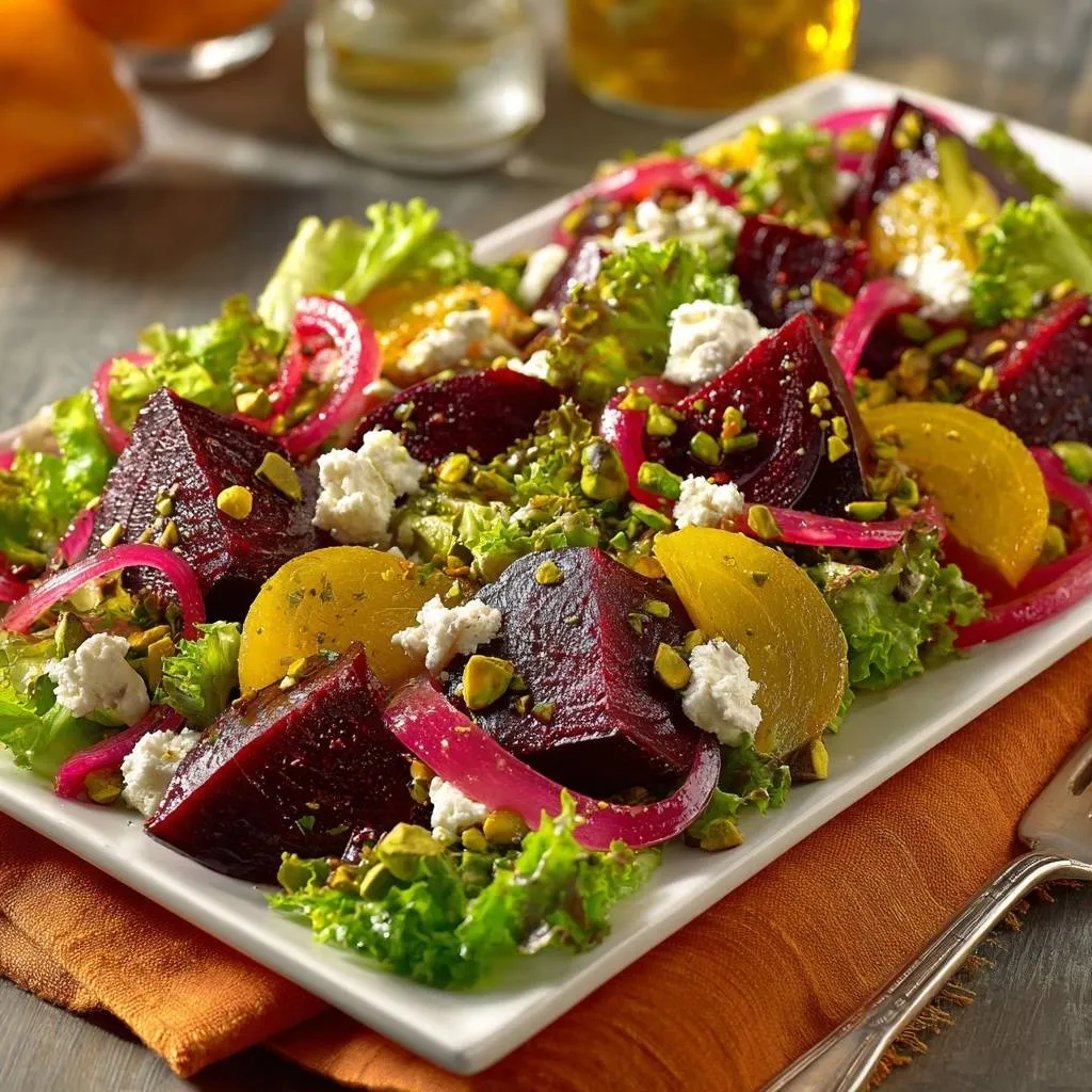 Roasted beet pineapple feta salad with pistachios and goat cheese, served on a white platter with a close-up view.