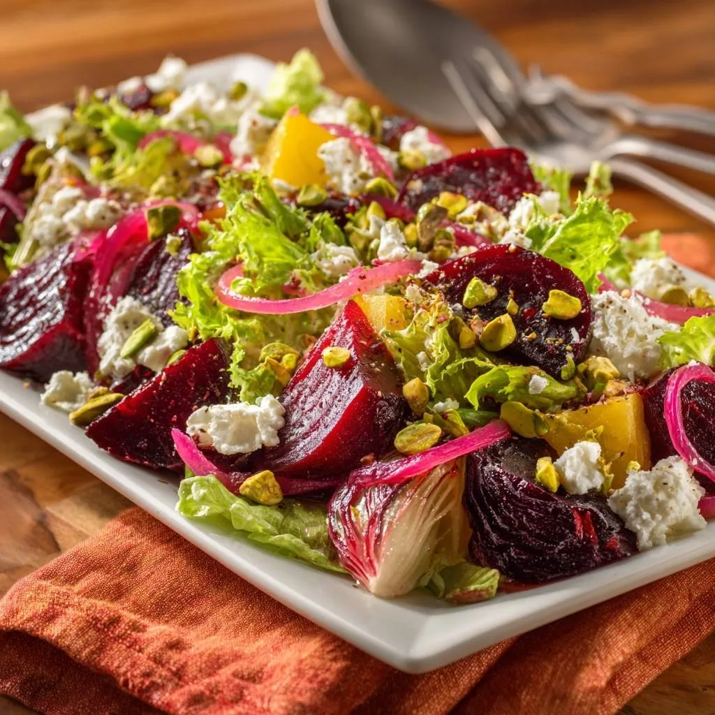 Roasted beet pineapple feta salad with pistachios and red onion, a close-up view on a white platter.