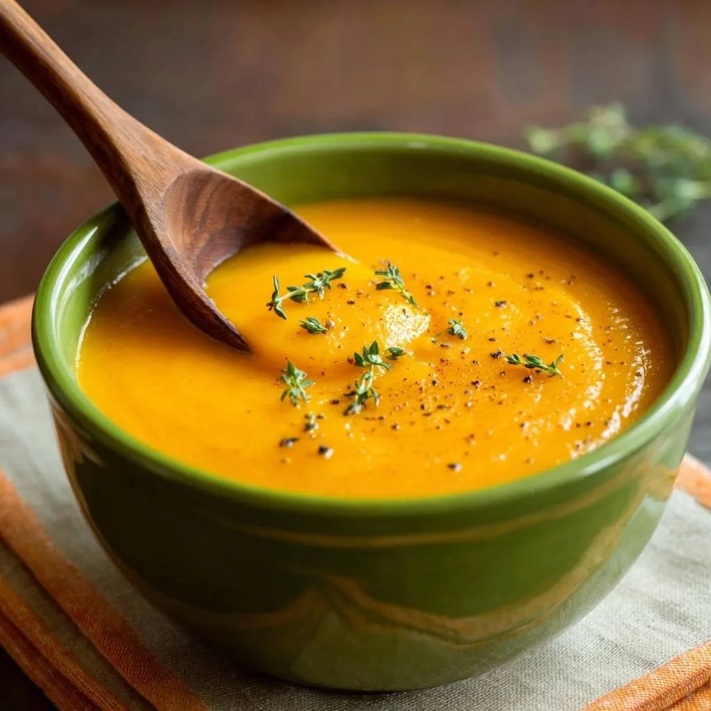 Roasted carrot thyme soup with a wooden spoon resting in a green bowl, garnished with fresh thyme sprigs.