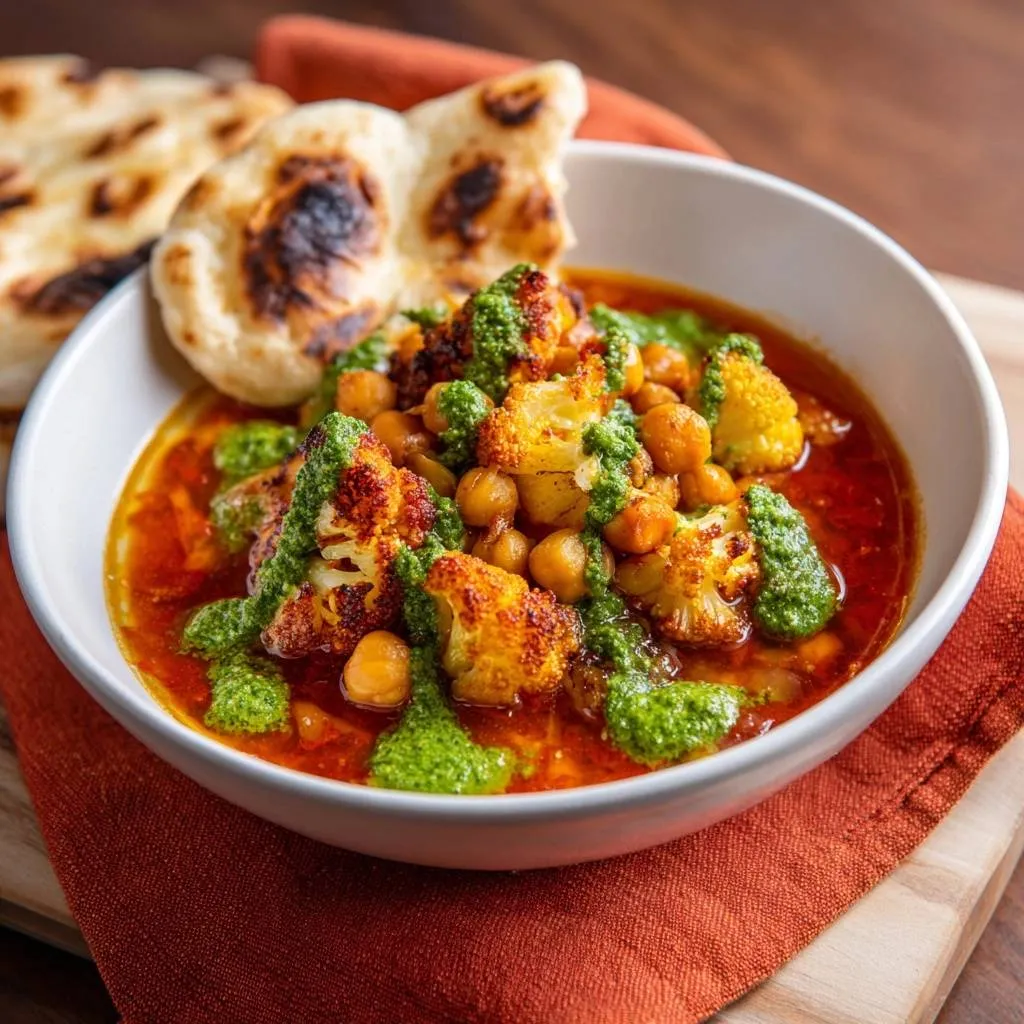 Roasted cauliflower chickpea curry in a white bowl, served with fluffy naan bread and topped with vibrant green sauce.