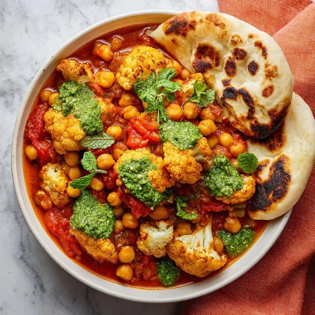 Roasted cauliflower chickpea curry served in a bowl with naan and a vibrant green herb topping.