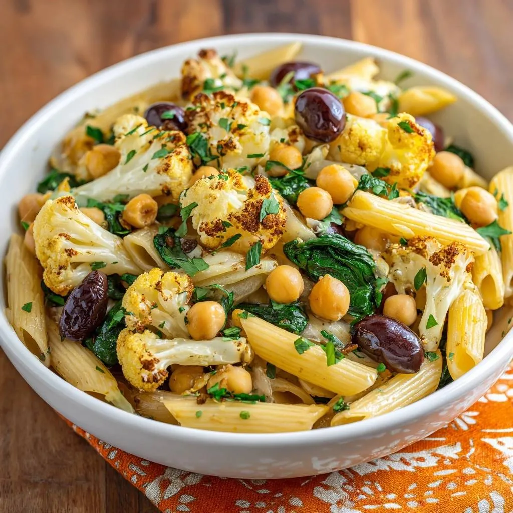 Roasted cauliflower and chickpea penne in a white bowl, featuring olives and fresh parsley, a close-up view.