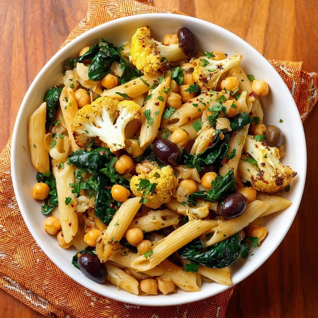 Roasted cauliflower and chickpea penne served in a white bowl, viewed from an overhead angle.