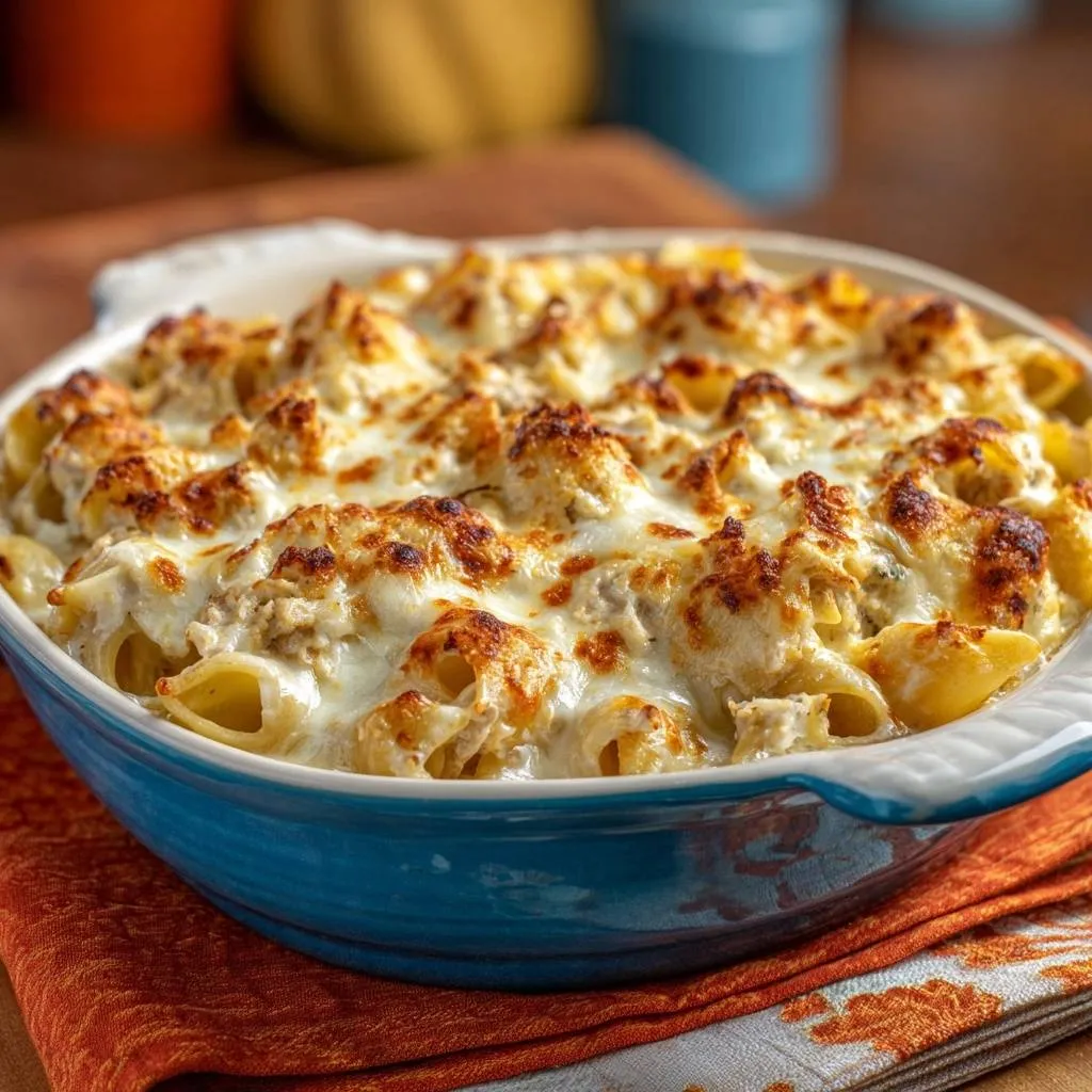 Roasted chicken and sweet potato bake featuring a bubbly, golden-brown cheesy topping in a blue dish.