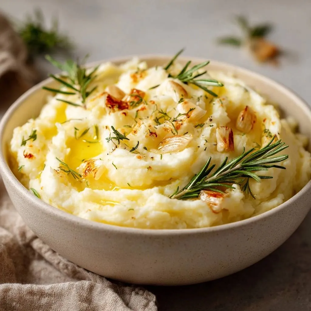 Roasted garlic and rosemary mashed potatoes garnished with fresh rosemary and roasted garlic cloves, drizzled with butter.