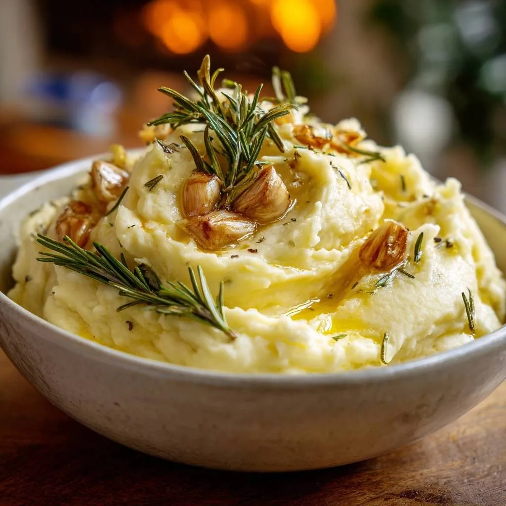 Roasted garlic and rosemary mashed potatoes glistening with olive oil and topped with fresh rosemary and roasted garlic cloves.