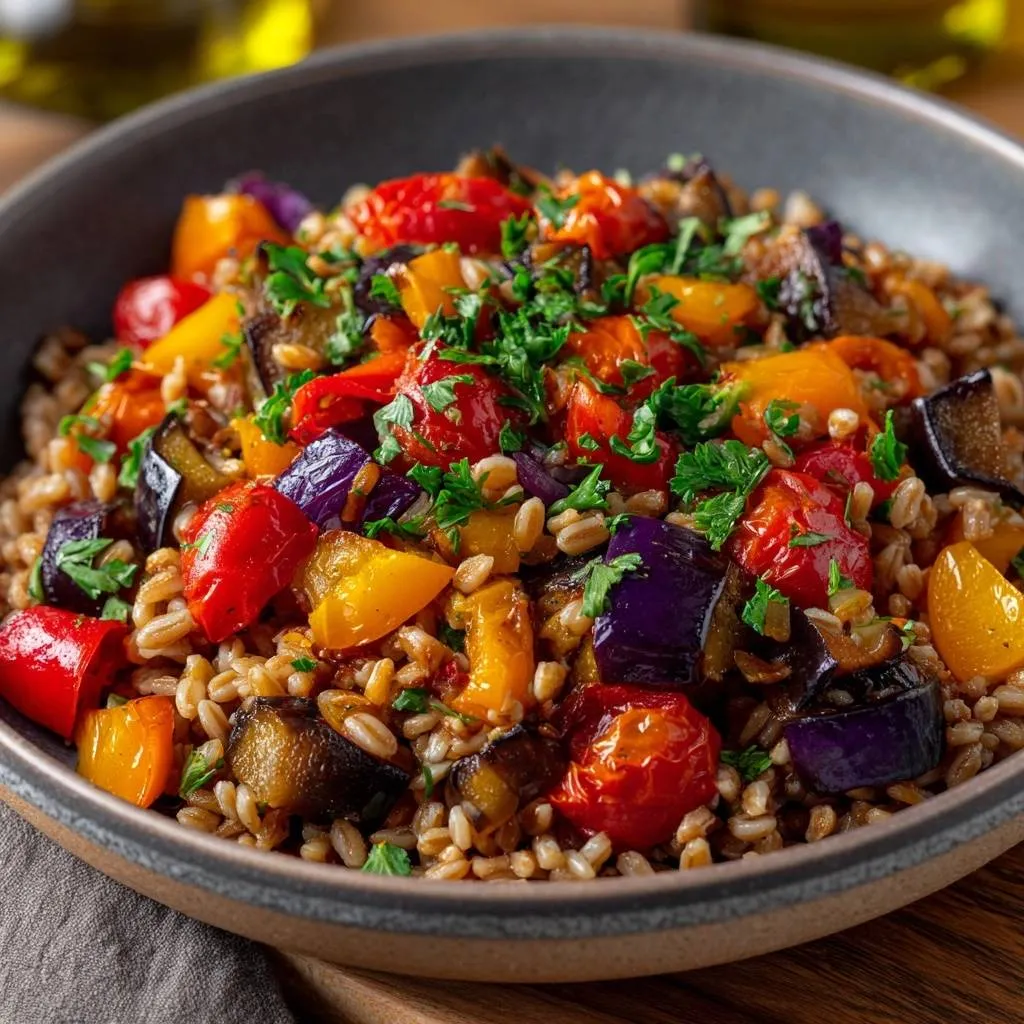 Roasted Mediterranean Farro Bowl served in a rustic bowl, showcasing a vibrant mix of vegetables and grains.