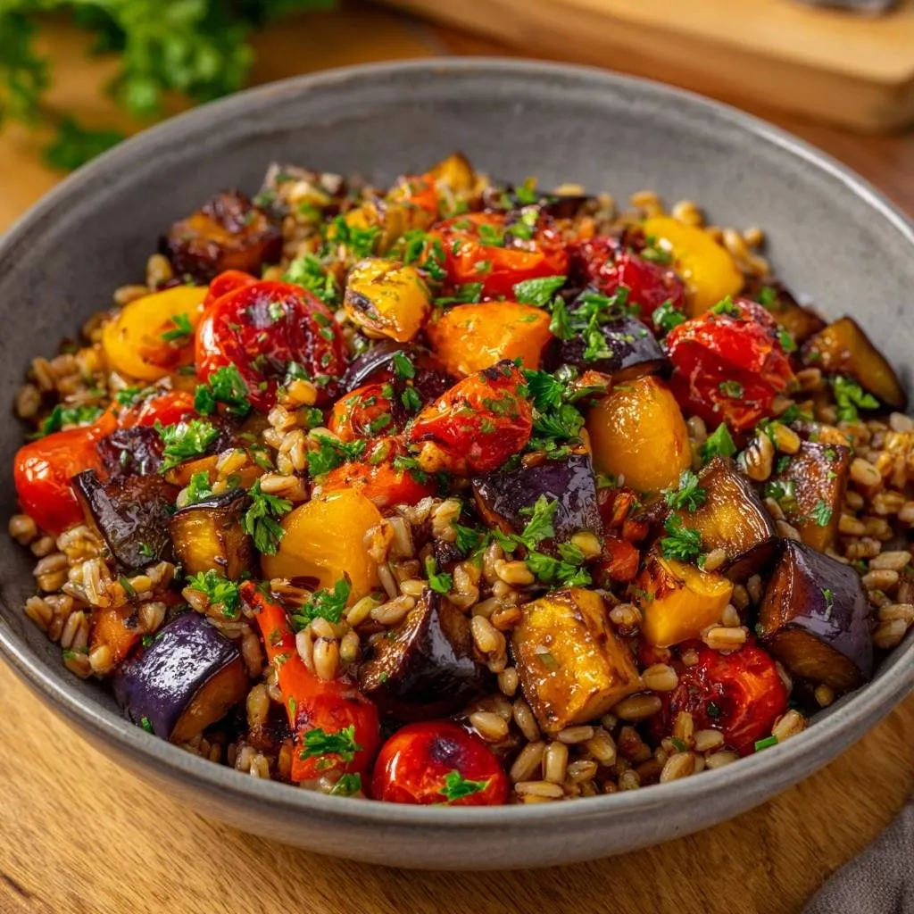 Roasted Mediterranean farro bowl featuring a close-up view of roasted eggplant, cherry tomatoes, and bell peppers over farro.