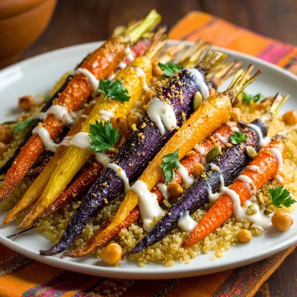 Roasted rainbow carrots with chickpea quinoa shown drizzled with a creamy sauce and garnished with parsley.