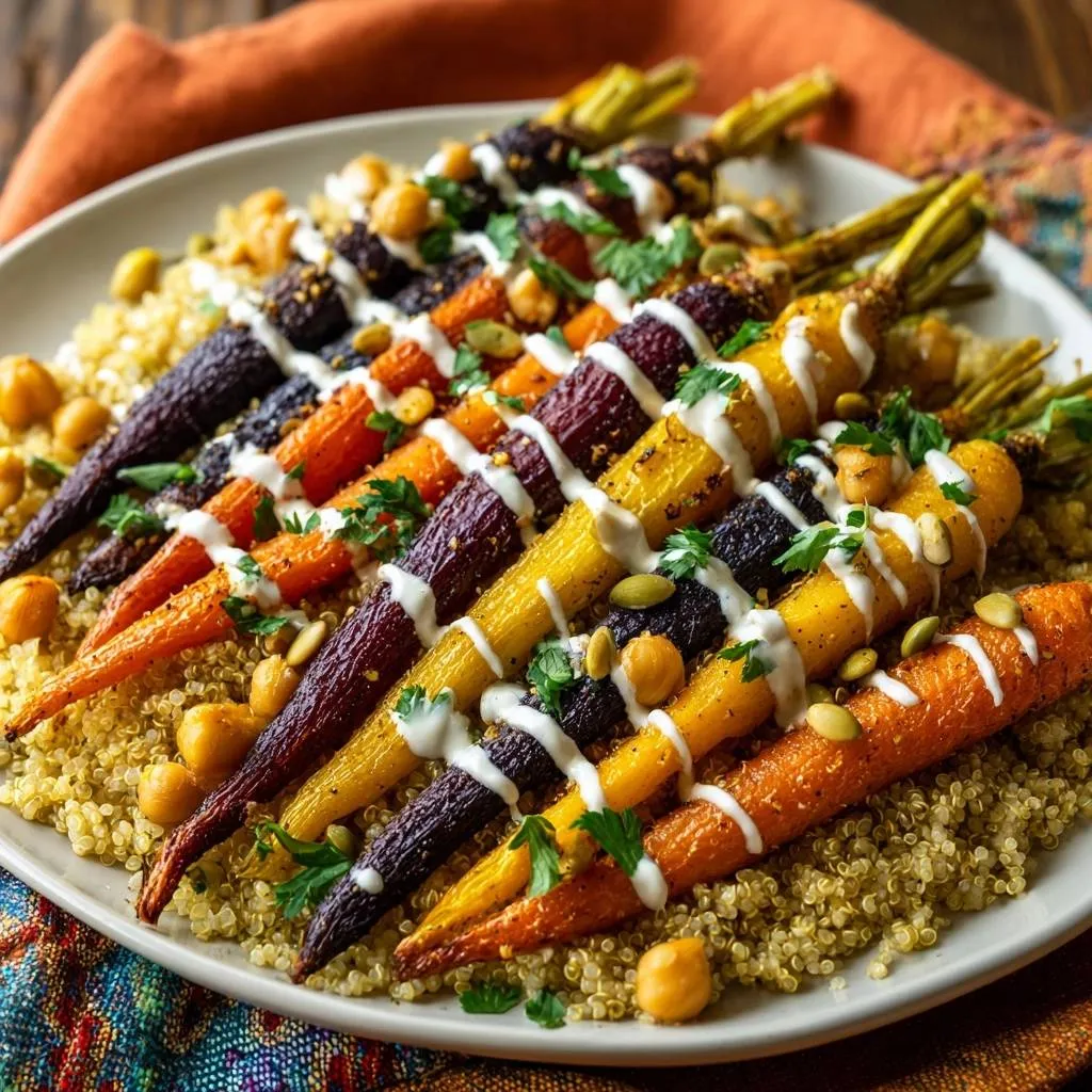 Roasted rainbow carrots with chickpea quinoa, drizzled with a creamy sauce and garnished with herbs and seeds.