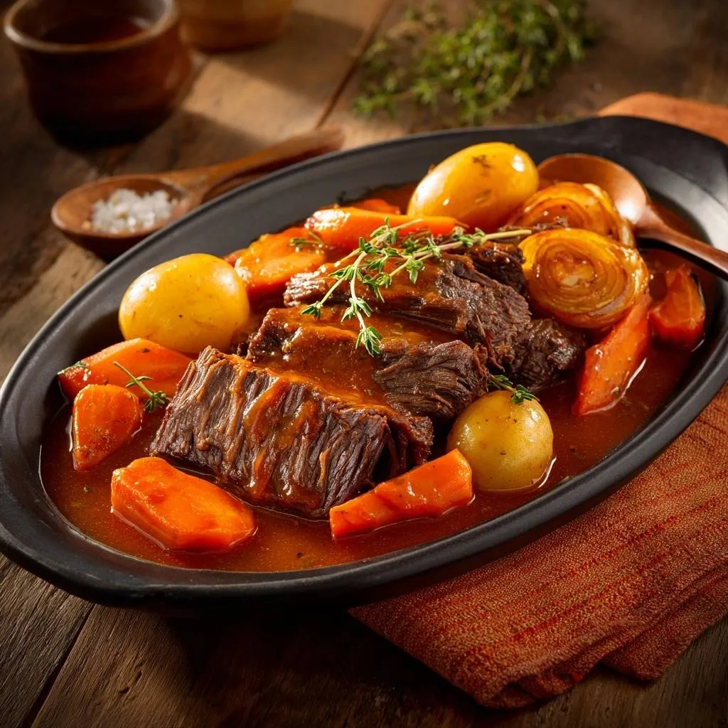 Rustic beef stew with tender beef, carrots, and potatoes served in a dark oval dish.