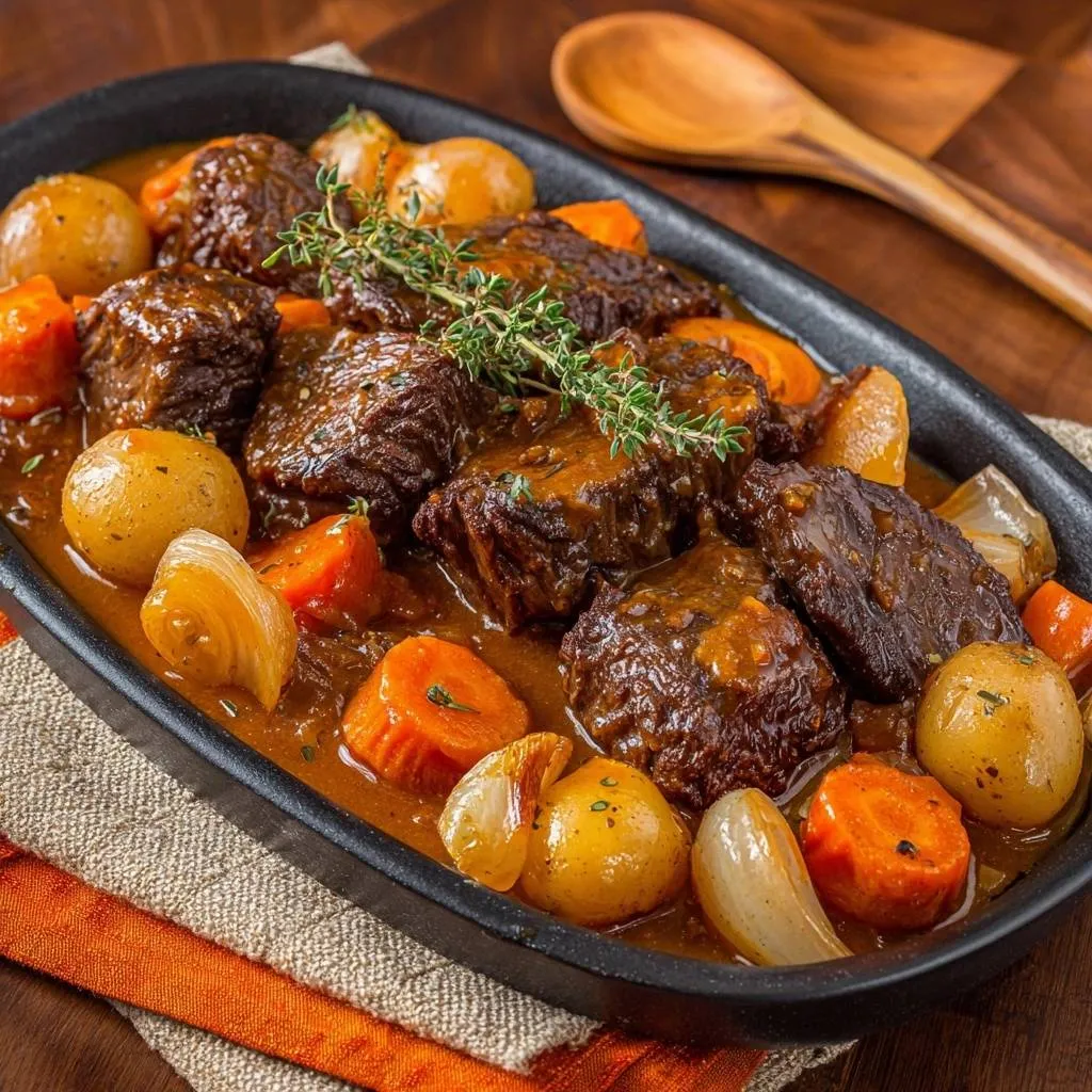 Rustic beef stew served in a black dish with tender beef chunks, potatoes, carrots, and onions, garnished with thyme.