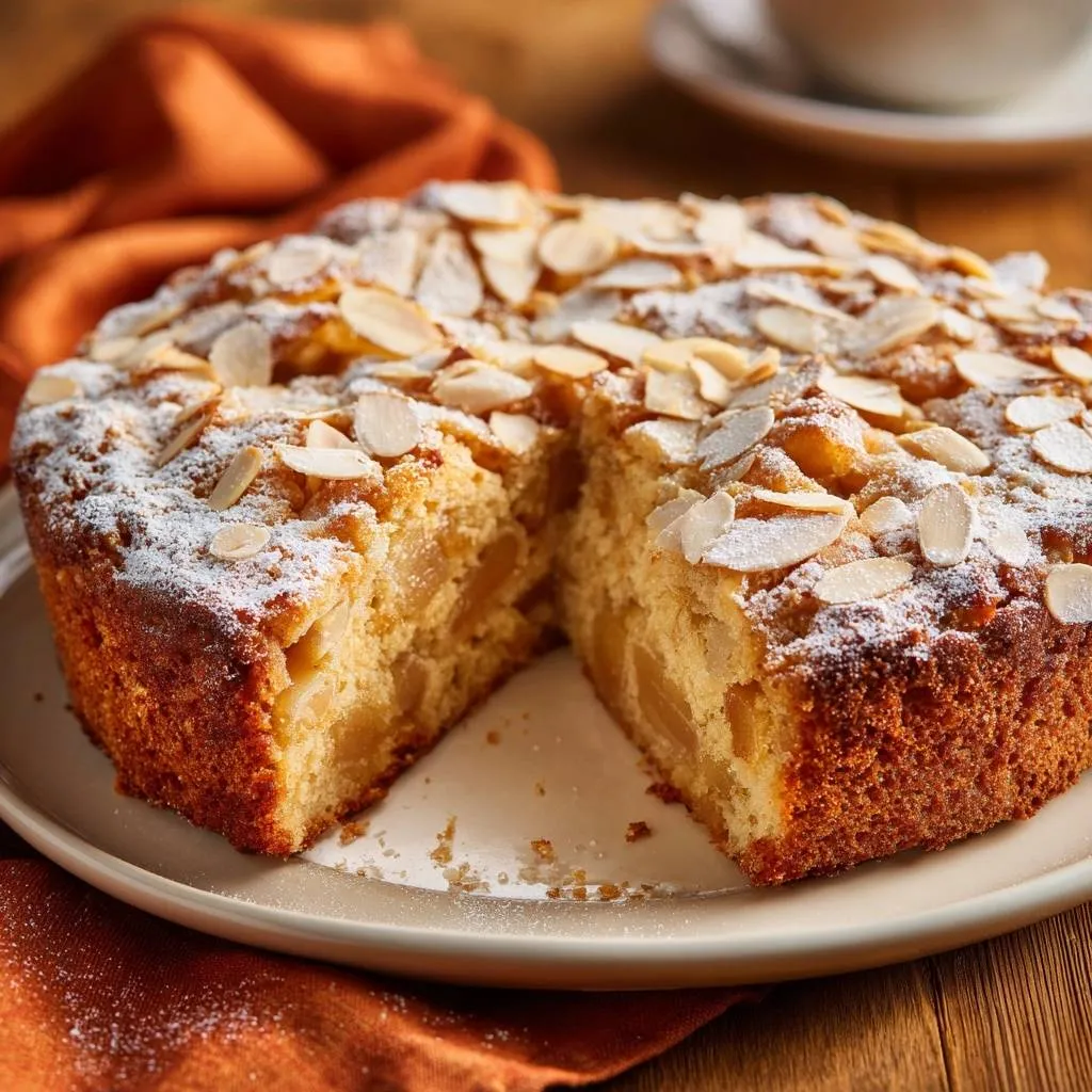 Rustic pear almond cake cross-section showing tender fruit pieces and a dusting of powdered sugar.