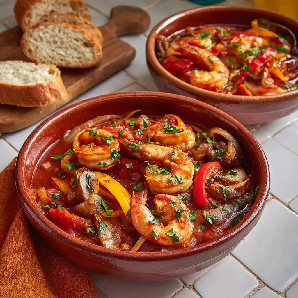 Rustic shrimp bell pepper stew served in two rustic bowls with sliced bread on the side.
