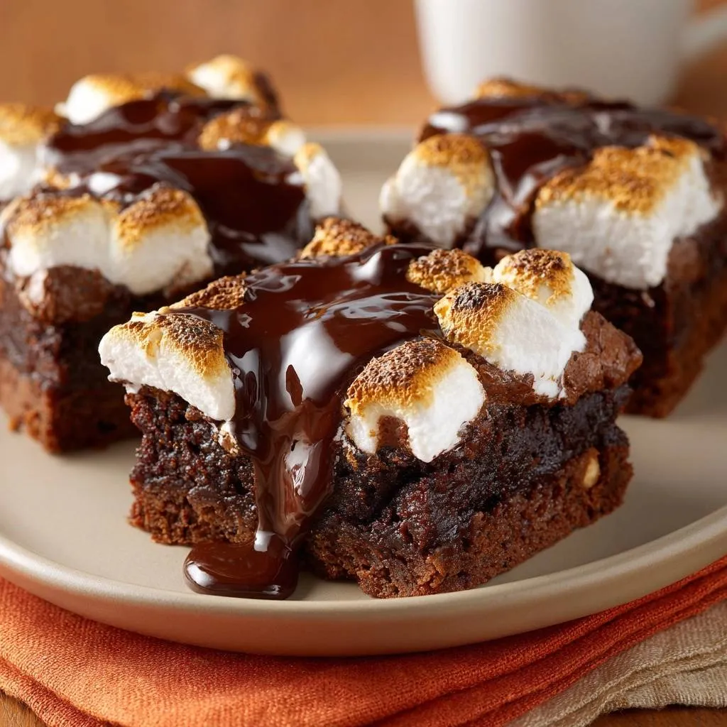 Gooey s’mores brownies with fudgy texture, featuring a close-up view of melted chocolate drizzle over toasted marshmallows.
