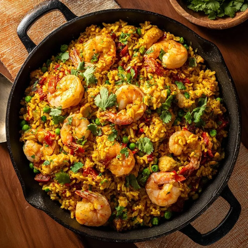 Saffron shrimp and rice in a cast iron skillet, viewed from directly above with shrimp, peas, and cilantro.