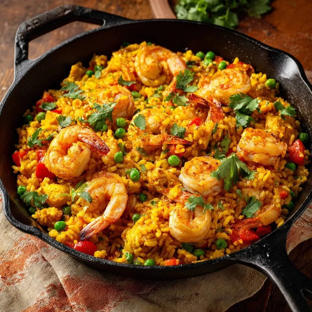 Saffron shrimp and rice served in a cast-iron skillet, a vibrant and flavorful one-pan dish.