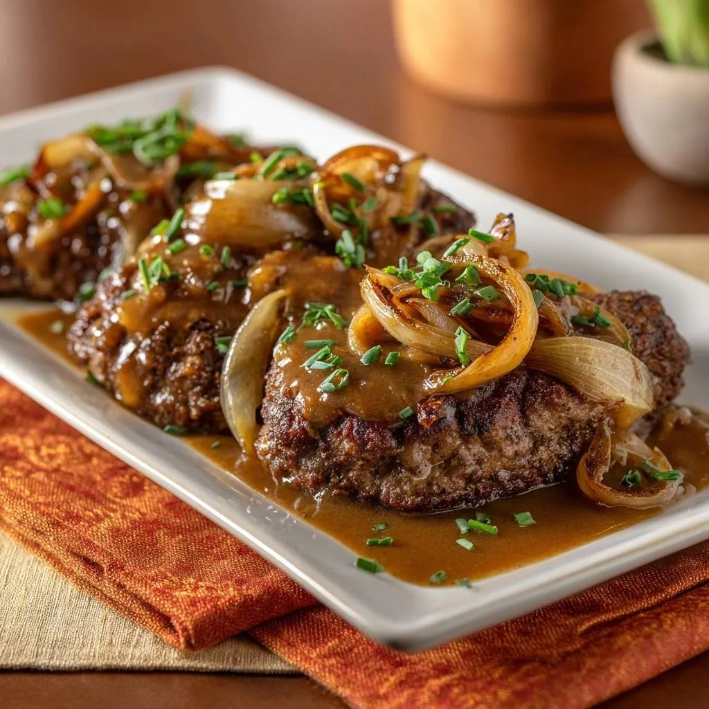 Classic Salisbury Steak with Onion Gravy, plated with a close-up view of the tender steak and rich gravy.
