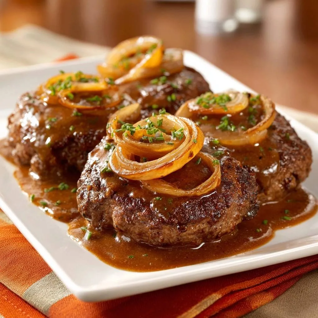 Classic Salisbury Steak with Onion Gravy plated with caramelized onions and fresh chives in a rich brown sauce.