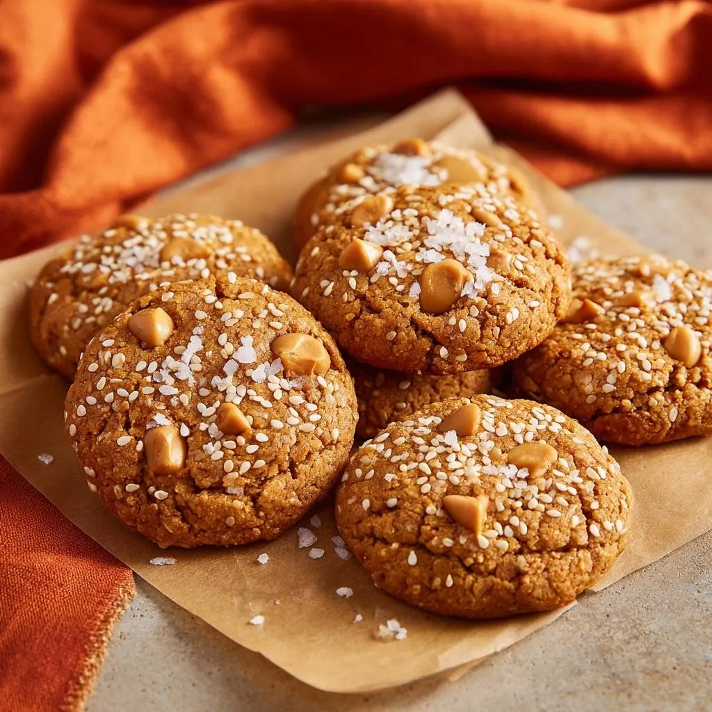 Salted butterscotch sesame cookies with a crisp base are shown in a close-up view, highlighting the sesame seeds, butterscotch chips, and sea salt topping.