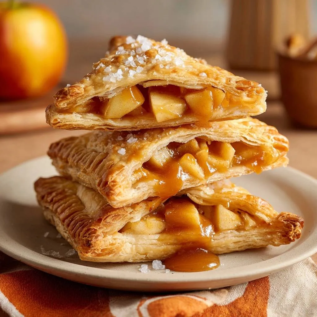 Salted caramel apple turnovers stacked, showing a close-up cross-section of the flaky pastry and warm apple filling.