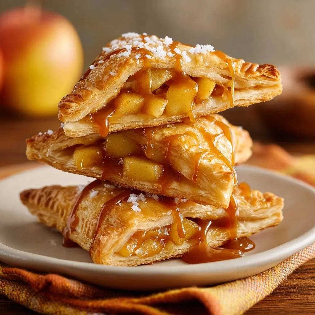 Salted caramel apple turnovers stacked high, drizzled with caramel and sprinkled with coarse sugar.