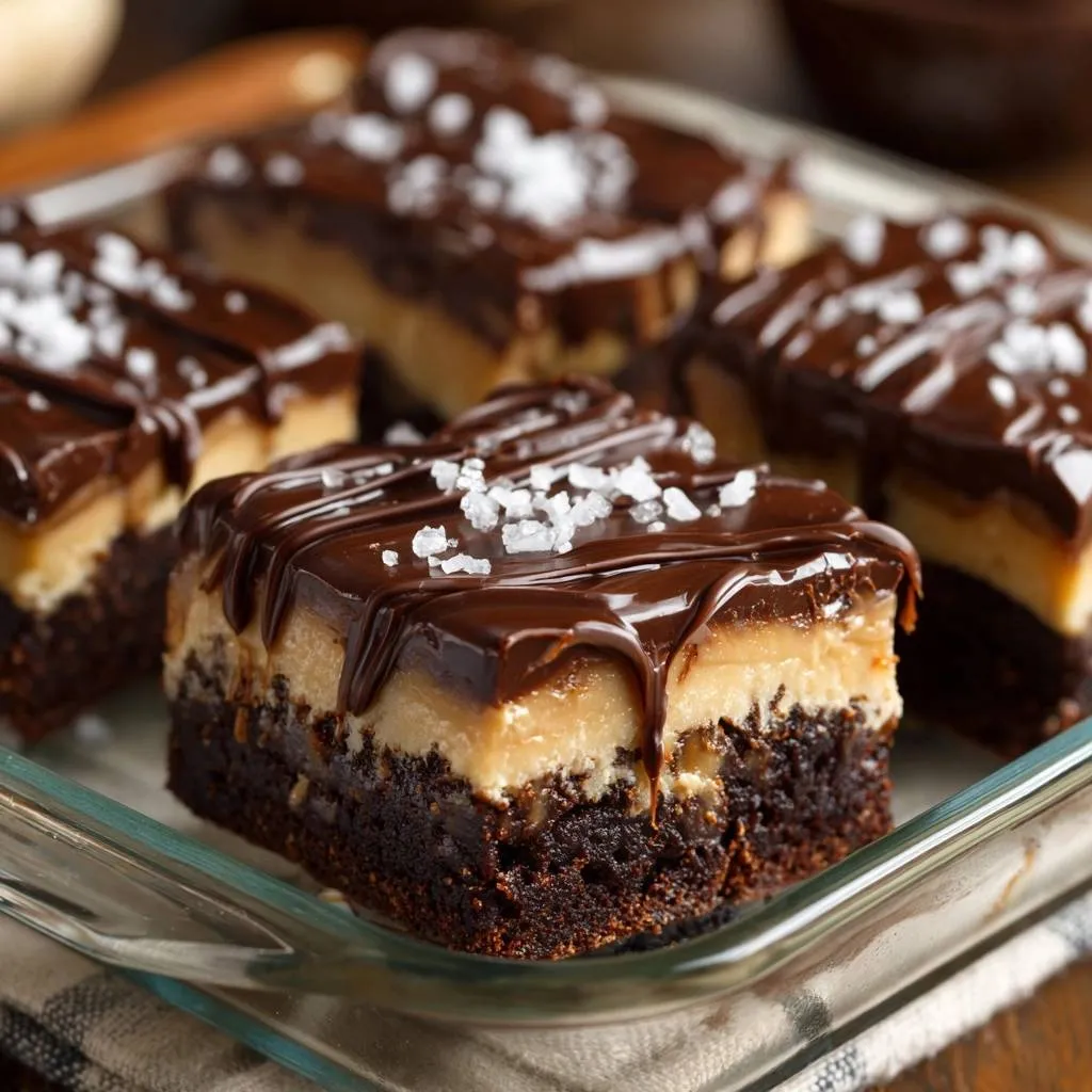 Salted caramel layered brownies with a rich chocolate glaze and coarse sea salt, presented in a glass dish.