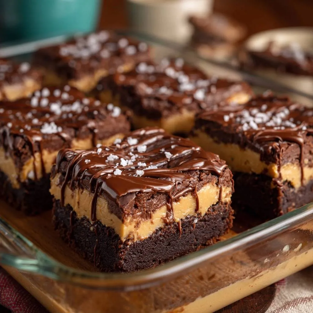 Salted caramel layered brownies shown in a cross-section revealing the rich chocolate and caramel layers topped with chocolate drizzle and sea salt.