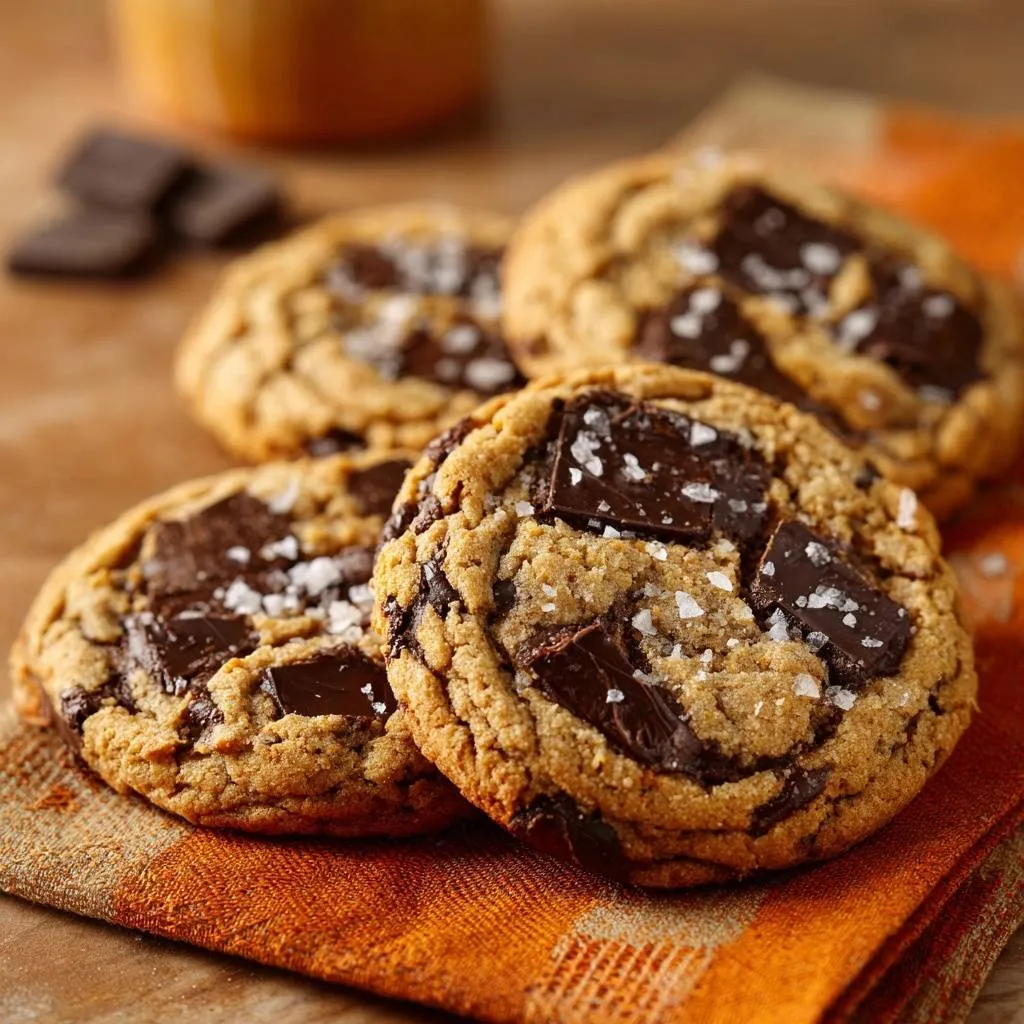 Salted dark chocolate chunk cookies close-up view, generously sprinkled with coarse sea salt and large dark chocolate chunks.