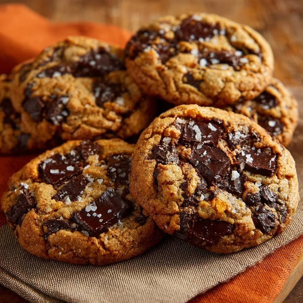 Salted dark chocolate chunk cookies are shown in a close-up view highlighting their rich chocolate chunks and coarse sea salt topping.