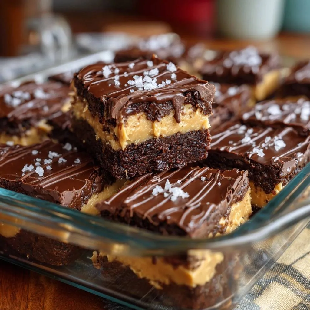 Salted peanut butter chocolate brownies shown in a close-up cross-section, highlighting layers and sea salt topping.