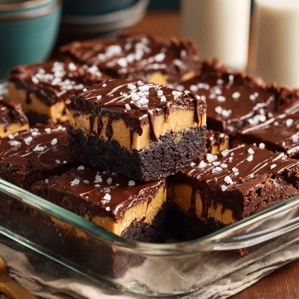 Salted peanut butter chocolate brownies shown in a glass dish with a close-up view of the rich layers.