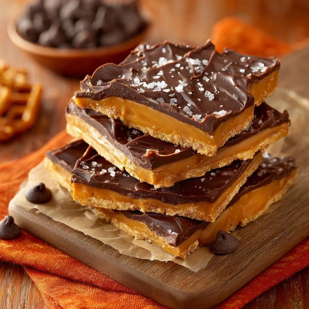 Salted pretzel caramel chocolate bars stacked in a close-up view, showcasing layers of chocolate, caramel, and pretzel crust.