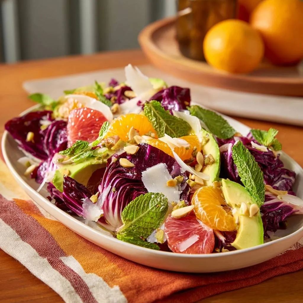 Garlic sauteed spinach and onions with fresh mint and citrus segments, a vibrant detail shot.