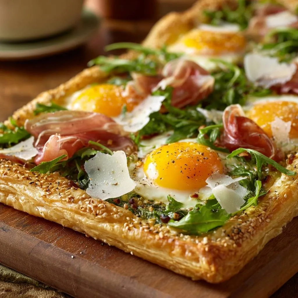 Savory breakfast puff pastry tart with baked eggs, prosciutto, and arugula, shown in a close-up top view.