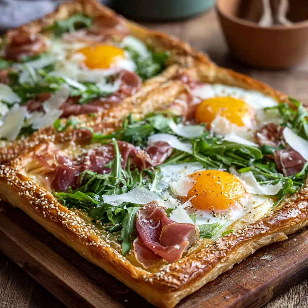 Savory breakfast puff pastry tart featuring eggs baked into the pastry with prosciutto and arugula, a close-up view.