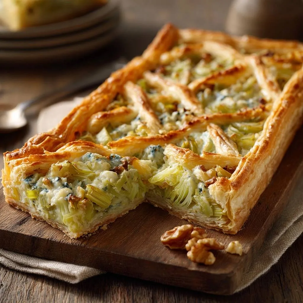 Savory leek and blue cheese lattice tart shown in a close-up cross-section on a wooden board.