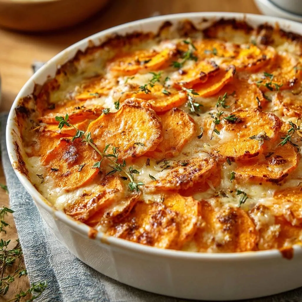 Creamy scalloped sweet potatoes with fresh thyme garnish, a close-up view of the baked casserole.