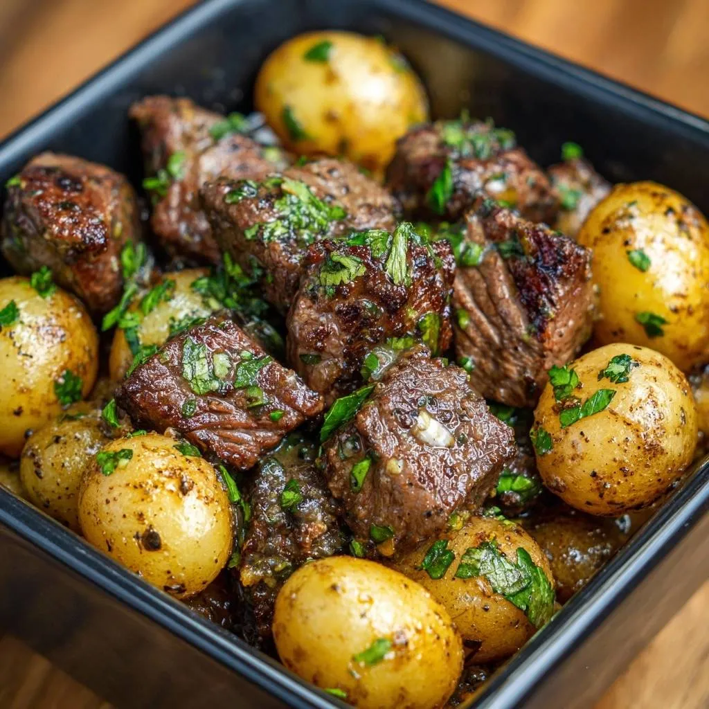 Seared beef bites with baby potatoes shown in a close-up view within a black bowl, garnished with fresh parsley.