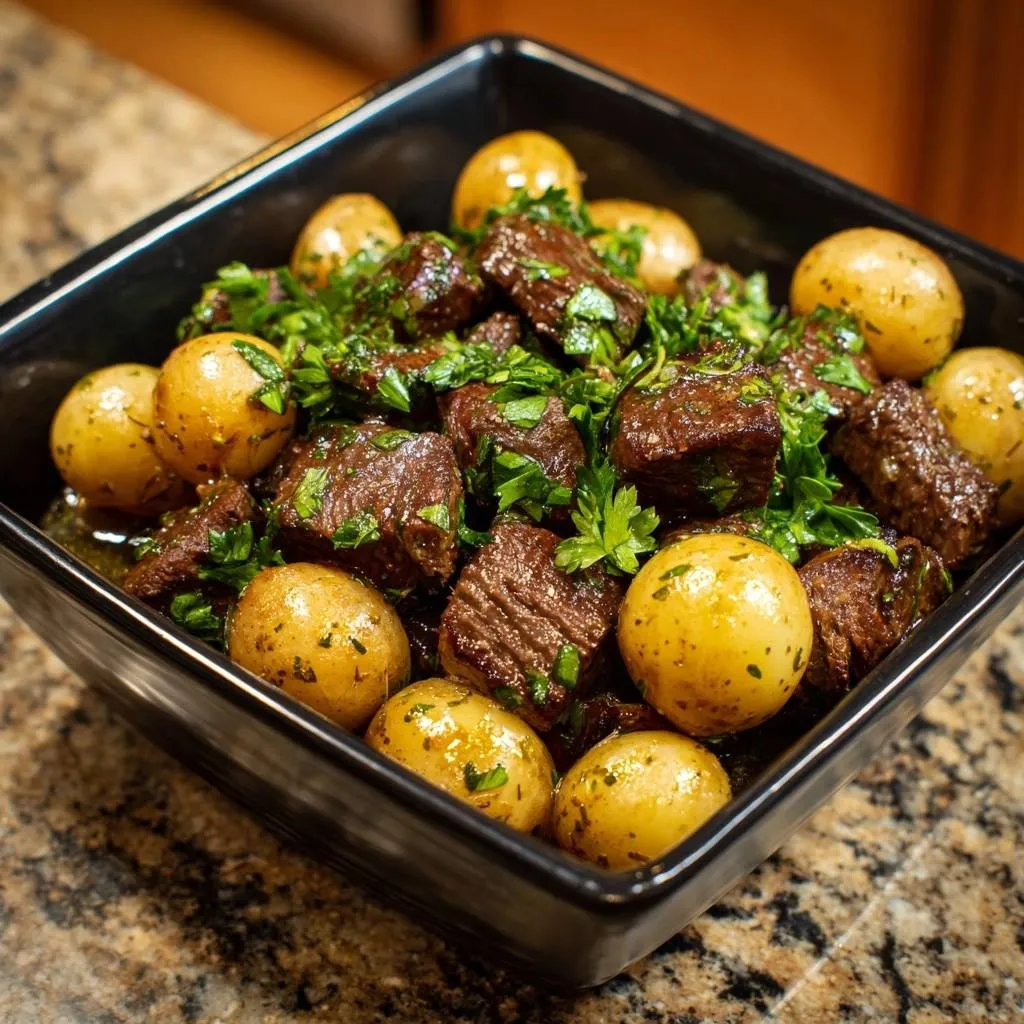 Seared beef bites with baby potatoes, a close-up view of the hearty dish served in a black square bowl, garnished with fresh parsley.