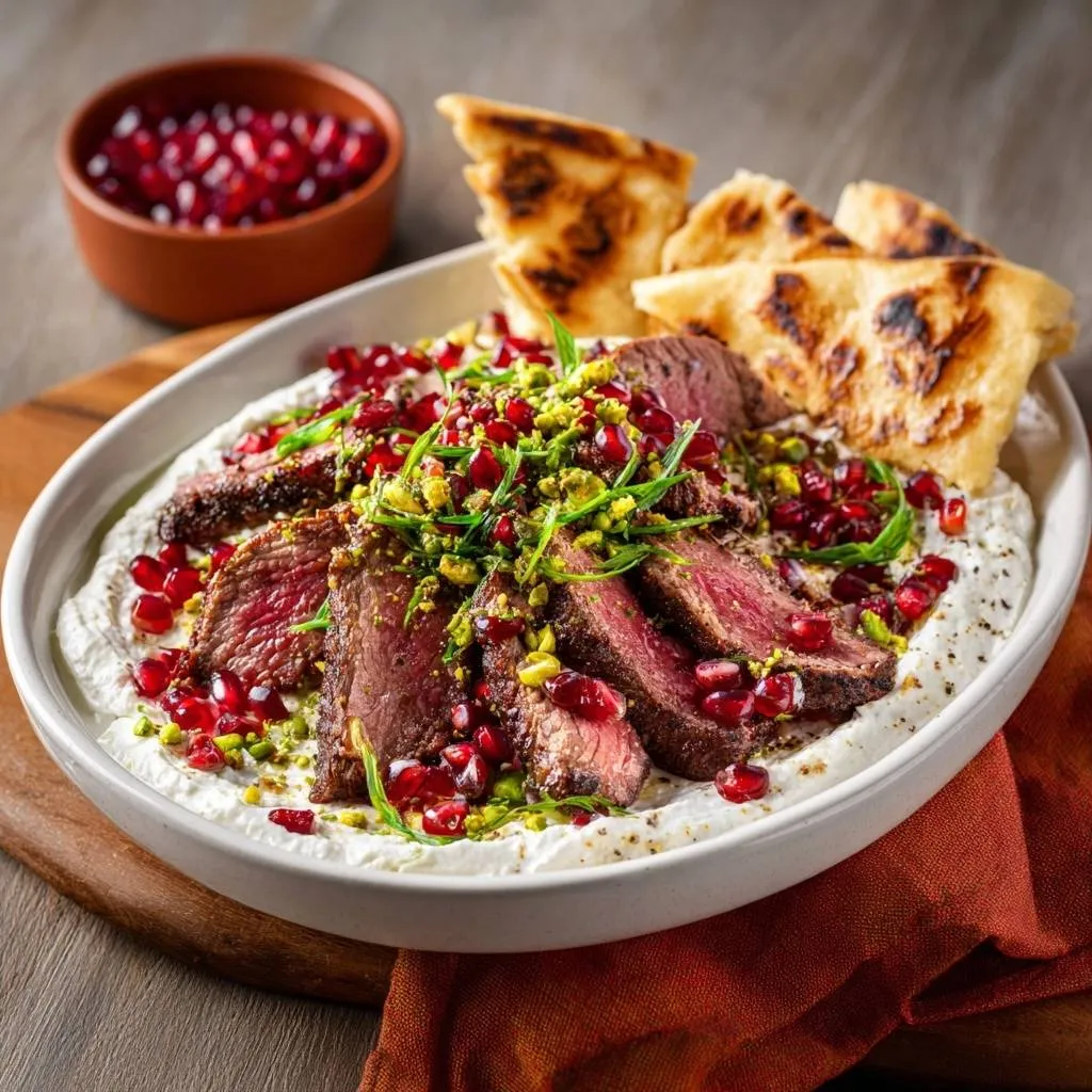 Seared steak with labneh, pomegranate and pistachios, beautifully garnished with fresh herbs and pomegranate seeds.