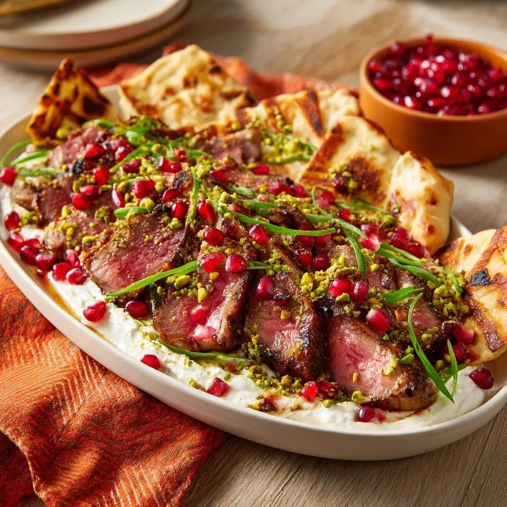 Seared steak with labneh, pomegranate and pistachios plated with naan bread and a side of pomegranate seeds.