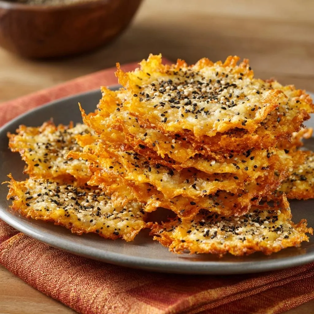 Sesame cheese crisps with shatterproof crunch stacked on a plate, showing a detailed view of their texture and topping.