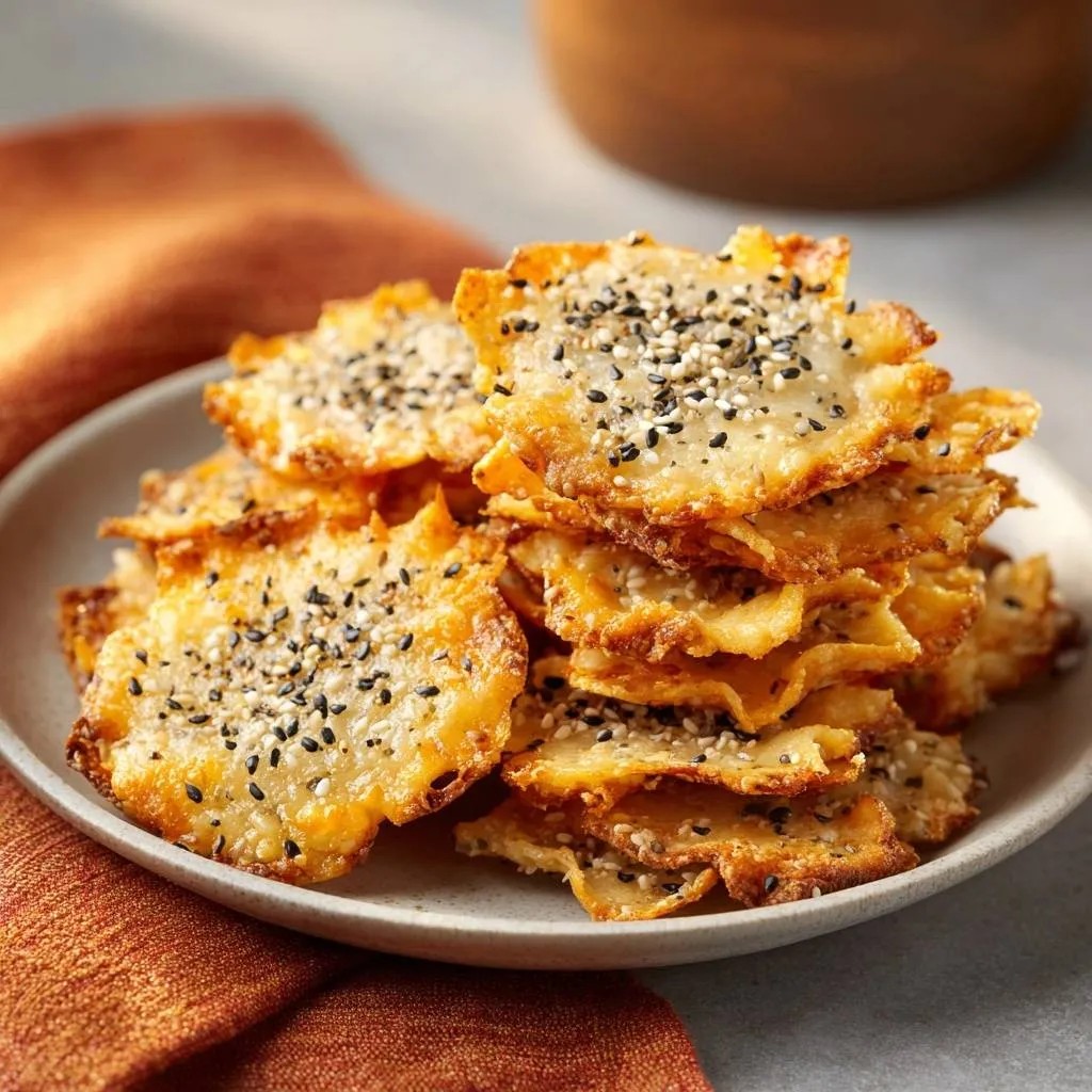 Sesame cheese crisps with shatterproof crunch piled high with a generous topping of black and white sesame seeds.
