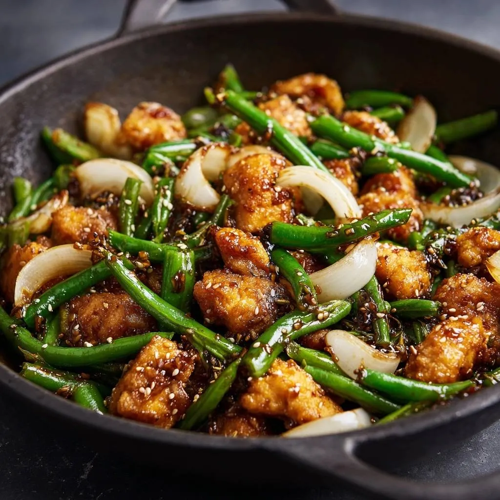 Crispy Sesame Chicken and Green Bean Stir-Fry in a skillet, showcasing the texture of the chicken and fresh green beans.