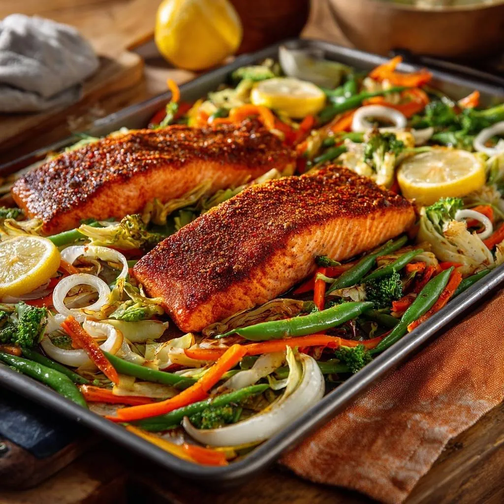 Sheet pan blackened salmon with rainbow veggies served with lemon slices on a baking sheet.
