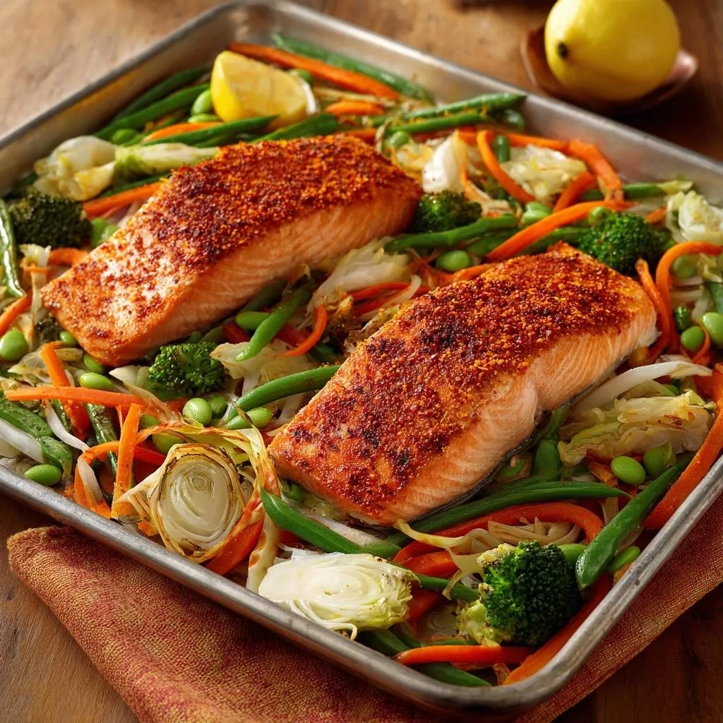 Sheet Pan Blackened Salmon with Rainbow Veggies - recipe image