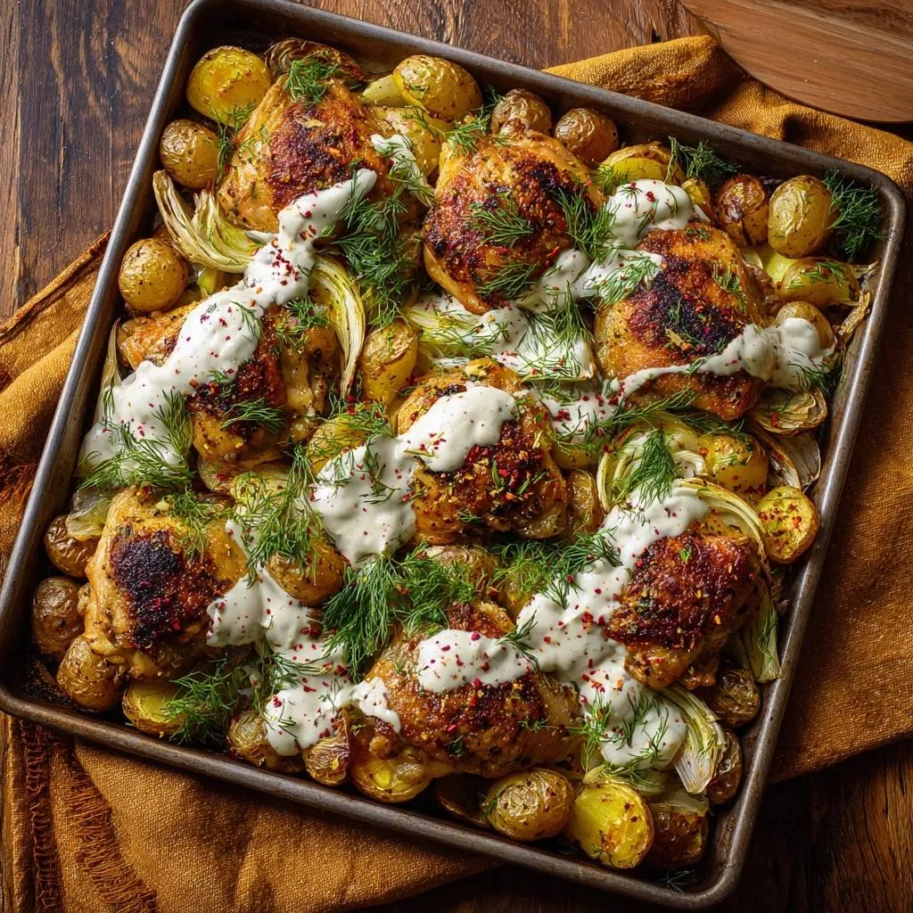 Sheet pan crispy chicken thighs with potatoes and fennel, drizzled with creamy sauce and garnished with fresh dill.